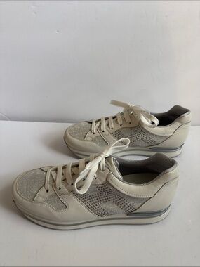 Hogan Cream & Silver Shimmery Fabric and Leather Sneakers w/Studded “H” on Sides